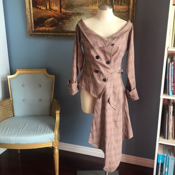 CBR brown plaid off shoulder asymmetric button front fall lightweight jacket XL - Picture 1 of 13